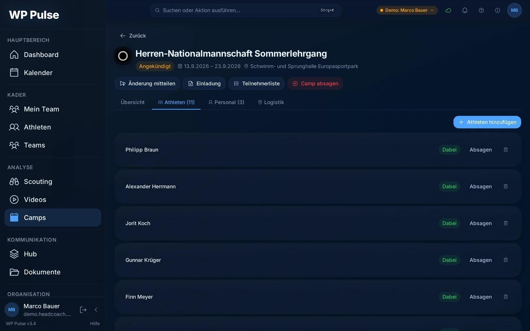 Lehrgang in der Demo-Welt: Kader, Zusagen, Anforderungen