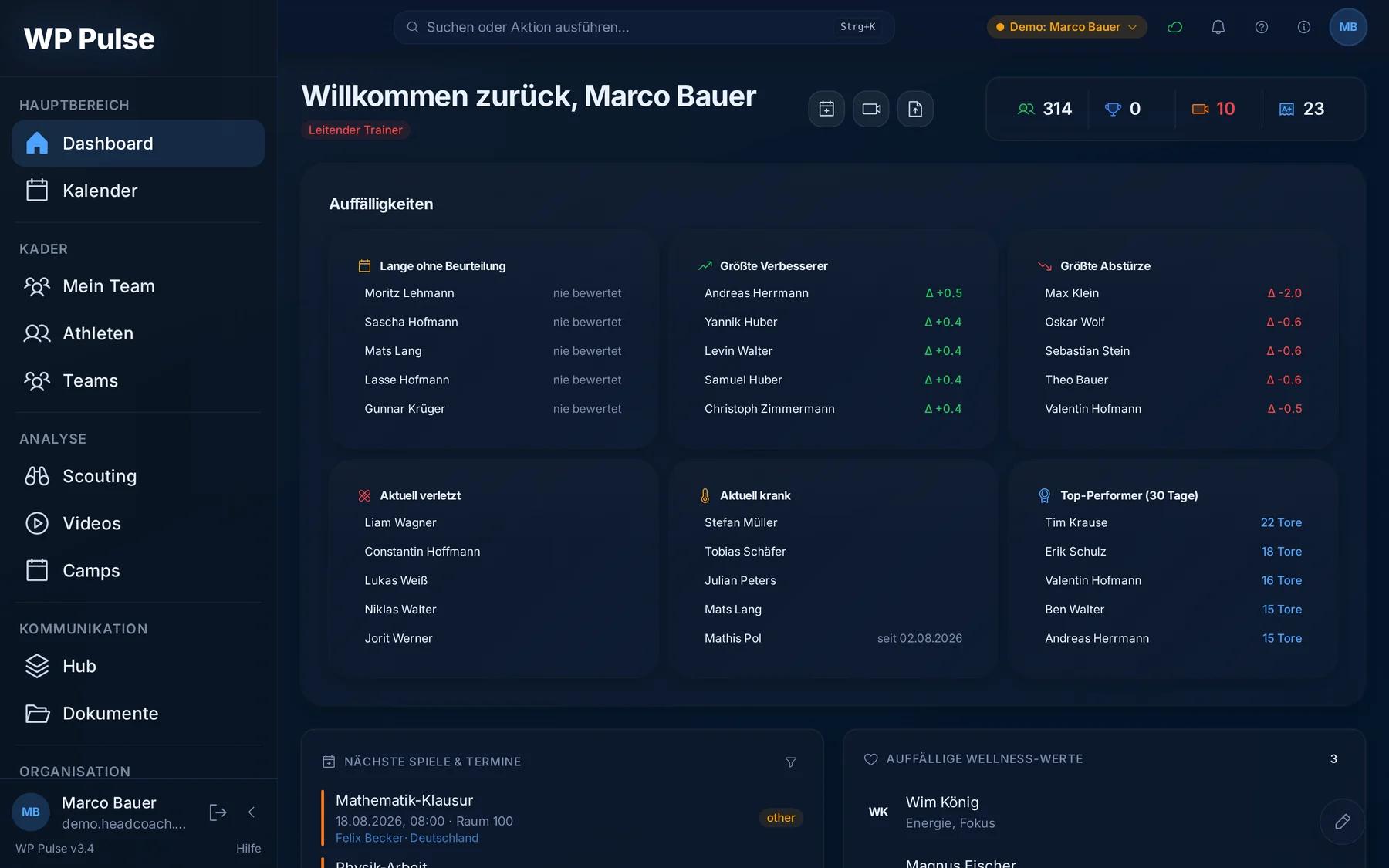 Startseite eines Trainers in der Demo-Welt